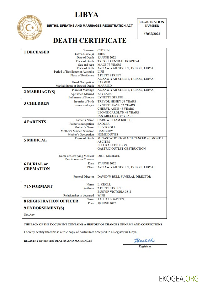Modèle Word et PDF de certificat de décès en Libye